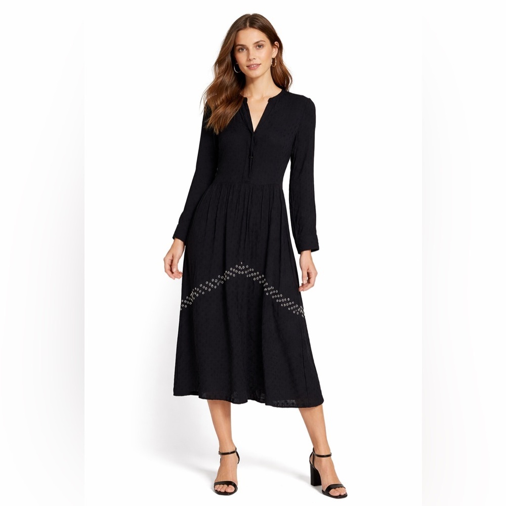 Sandro Paris Black Midi Dress Long Sleeve Textured Designer Dress